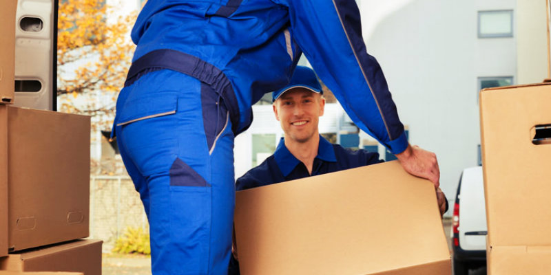 Two men carrying cardboard boxes inside a truck