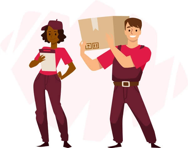 man and woman in uniform carrying packing boxes