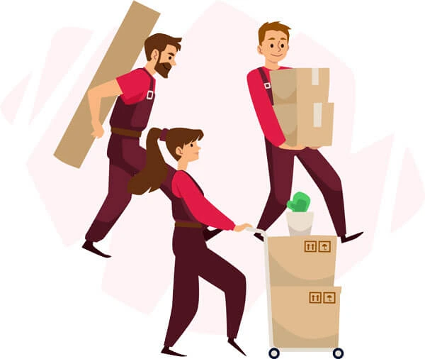two men and woman carrying cardboard boxes