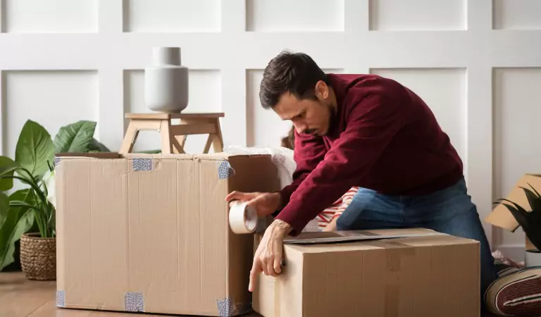 young man packing up a cardboard box
