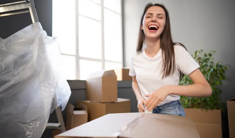 Smiling lady in white top packing a box with a tape.
